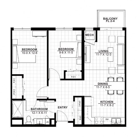 Floor plan for 2 beds, 1 bath, 980 sqft